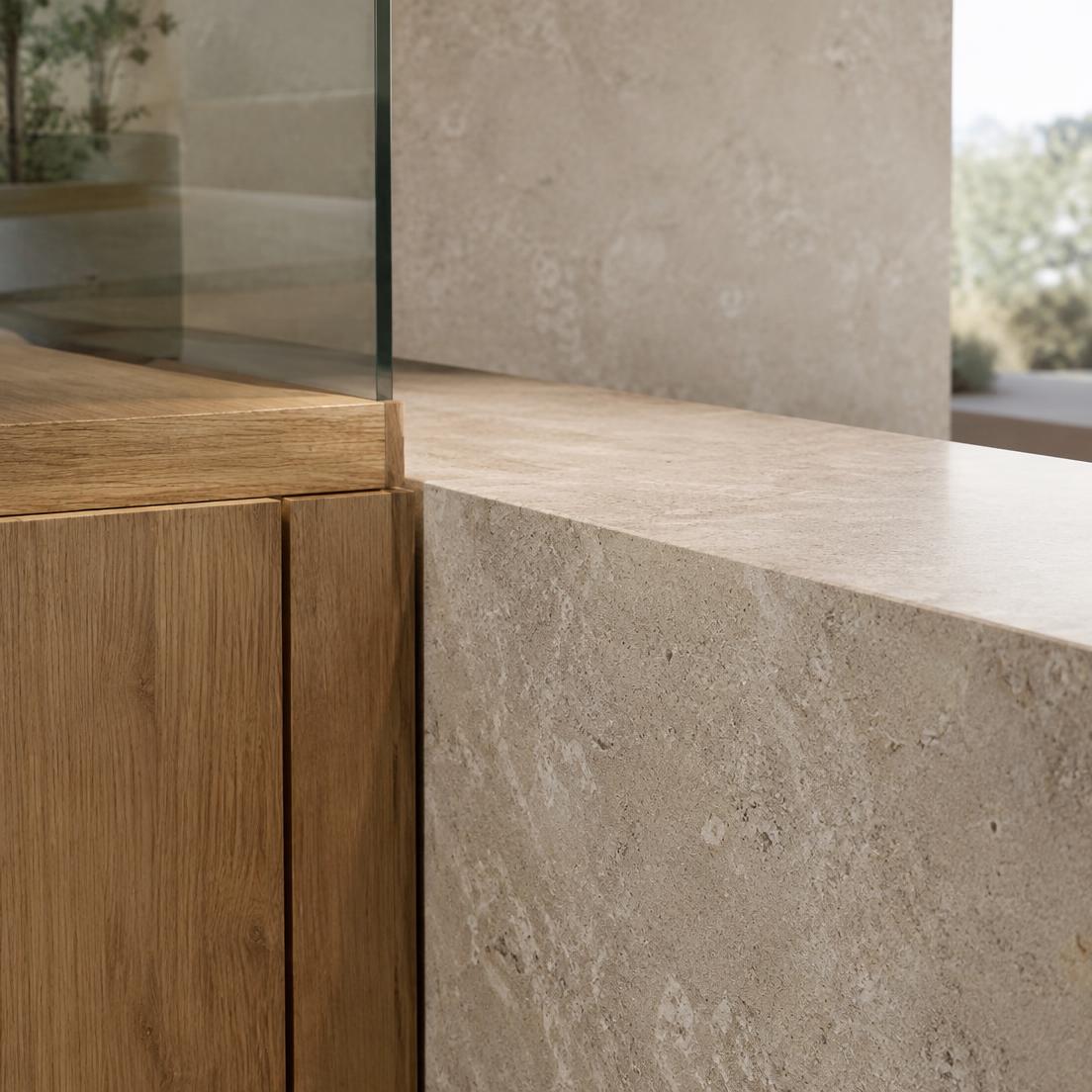 Considered stone and oak architectural material finishes